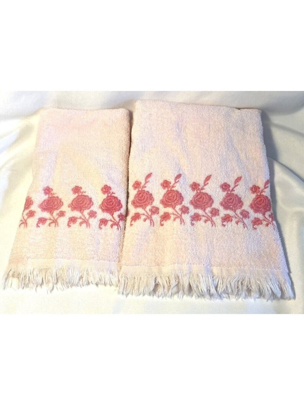 2 Vtg Dundee Pink Roses Floral Bath Hand Towel Fringe Cotton Embroidered